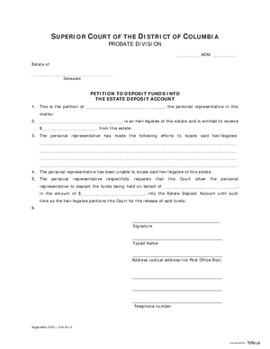 Thumbnail of District of Columbia Form General Forms (Adm) - Petition To Deposit Funds Into The Estate Deposit Account And Order