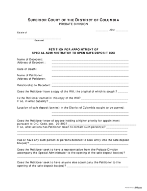 Thumbnail of District of Columbia Form General Forms (Adm) - Petition For Appointment Of Special Administrator To Open Safe Deposit Box And Order