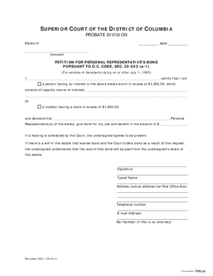 Thumbnail of District of Columbia Form General Forms (Adm) - Petition For Personal Representative’s Bond Pursuant To D.c. Code, Sec. 20-502(a-1) And Order