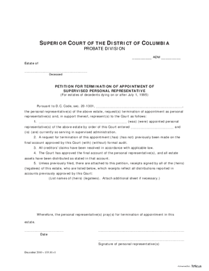 Thumbnail of District of Columbia Form General Forms (Adm) - Petition For Termination Of Appointment Of Supervised Personal Representative, Notice Accompanying Petition And Order