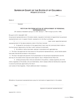 Thumbnail of District of Columbia Form General Forms (Adm) - Petition For Termination Of Appointment Of Personal Representative And Order