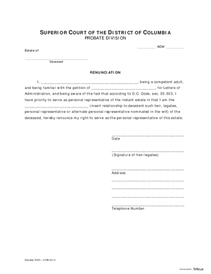 Thumbnail of District of Columbia Form General Forms (Adm) - Renunciation, Nomination Of Personal Representative And Statement Regarding Bond