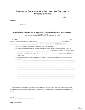 Thumbnail of District of Columbia Form General Forms (Adm) - Request For Extension Of Personal Representative’s Appointment And Order
