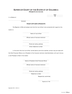 Thumbnail of District of Columbia Form General Forms (Adm) - Trust Officer’s Praecipe