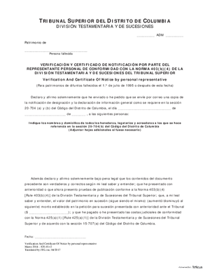 Thumbnail of District of Columbia Form General Forms (Adm) - Verification And Certificate Of Notice By Personal Representative Pursuant To Scr-pd 403(b)(4) (Es)