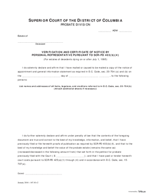 Thumbnail of District of Columbia Form General Forms (Adm) - Verification And Certificate Of Notice By Personal Representative Pursuant To Scr-pd 403(b)(4)