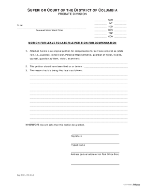 Thumbnail of District of Columbia Form General Forms (Con) - Motion For Leave To Late File Petition For Compensation