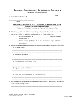 Thumbnail of District of Columbia Form General Forms (Gdn) - Petition For Authority To Invest Or For Approval Of Investment Plan Or Program And Order (Es)