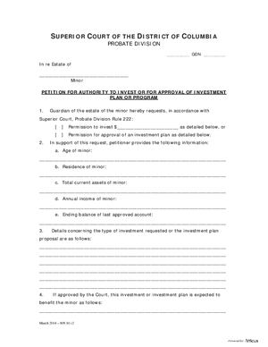 Thumbnail of District of Columbia Form General Forms (Gdn) - Petition For Authority To Invest Or For Approval Of Investment Plan Or Program And Order