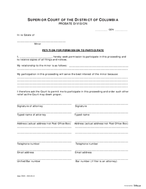 Thumbnail of District of Columbia Form General Forms (Gdn) - Petition For Permission To Participate And Order