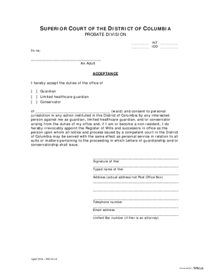 Thumbnail of District of Columbia Form General Forms (Int) – Acceptance Of Appointment As Guardian/conservator