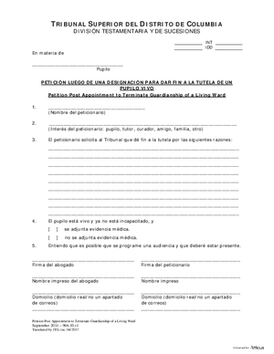Thumbnail of District of Columbia Form General Forms (Int) – Petition Post Appointment To Terminate Guardianship Of A Living Ward (Es)