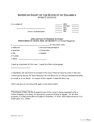 Thumbnail of District of Columbia Form General Forms (Int) - Application To Proceed Without Prepayment Of Costs, Fees, Or Security (In Forma Pauperis) And Order