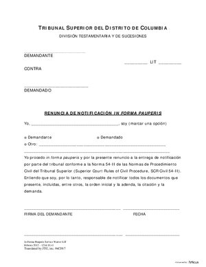 Thumbnail of District of Columbia Form General Forms (Int) - In Forma Pauperis Service Waiver (Es)