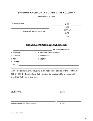 Thumbnail of District of Columbia Form General Forms (Int) - In Forma Pauperis Service Waiver