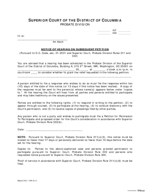 Thumbnail of District of Columbia Form General Forms (Int) - Notice Of Hearing On Subsequent Petition