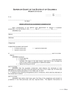 Thumbnail of District of Columbia Form General Forms (Int) - Order Appointing Successor Conservator