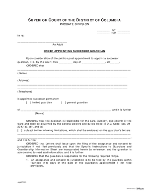 Thumbnail of District of Columbia Form General Forms (Int) - Order Appointing Successor Guardian