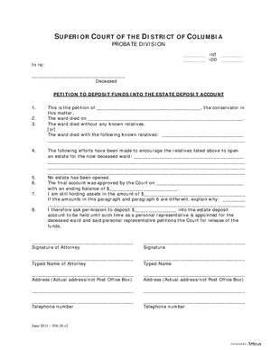 Thumbnail of District of Columbia Form General Forms (Int) - Petition To Deposit Funds Into The Estate Deposit Account And Order