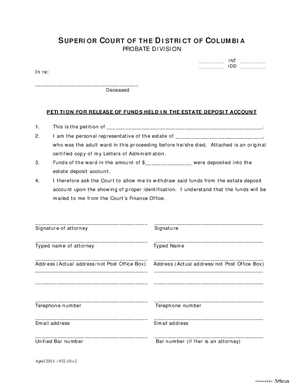 Thumbnail of District of Columbia Form General Forms (Int) - Petition For Release Of Funds Held In The Estate Deposit Account And Order
