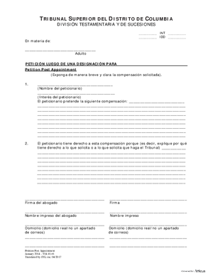 Thumbnail of District of Columbia Form General Forms (Int) - Petition Post Appointment And Order, Order Appointing Counsel, Notice Of Hearing On Subsequent Petition, Notice Of Right To Respond And/or Request An Oral Hearing (Es)