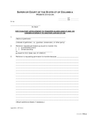 Thumbnail of District of Columbia Form General Forms (Int) - Petition Post Appointment To Transfer Guardianship And/or Conservatorship To Another Jurisdiction,