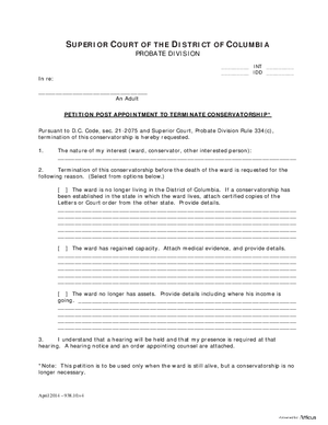 Thumbnail of District of Columbia Form General Forms (Int) - Petition Post Appointment To Terminate Conservatorship, Preliminary Order Of Termination, Notice Of Right To Respond And/or Request An Oral Hearing, Order Appointing Cou