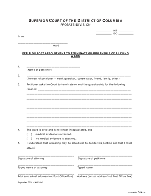 Thumbnail of District of Columbia Form General Forms (Int) - Petition Post Appointment To Terminate Guardianship Of A Living Ward