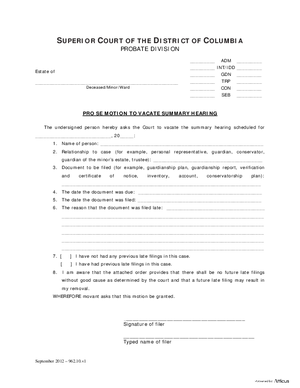 Thumbnail of District of Columbia Form General Forms (Int) - Pro Se Motion To Vacate And Order