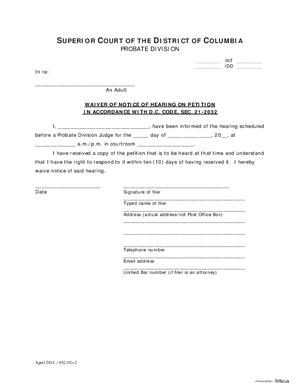 Thumbnail of District of Columbia Form General Forms (Int) - Waiver Of Notice Of Hearing On Petition In Accordance With D.c. Code, Sec. 21-2032
