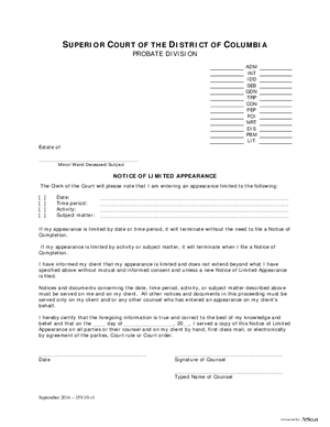 Thumbnail of District of Columbia Form General Forms (Lit) – Notice Of Limited Of Appearance