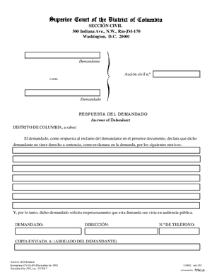 Thumbnail of District of Columbia Form General Forms (Lit) - Answer Of Defendant (Es)