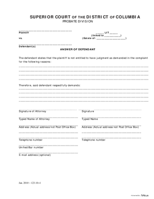 Thumbnail of District of Columbia Form General Forms (Lit) - Answer Of Defendant