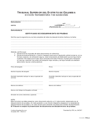 Thumbnail of District of Columbia Form General Forms (Lit) - Certificate Regarding Discovery (Es)