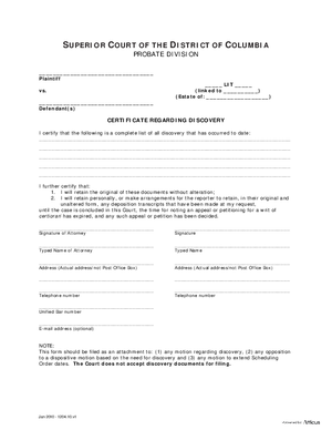 Thumbnail of District of Columbia Form General Forms (Lit) - Certificate Regarding Discovery