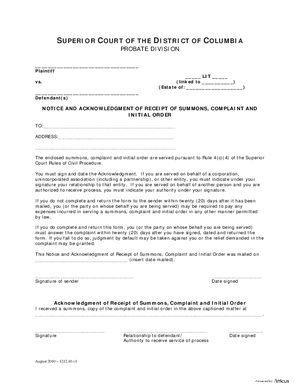 Thumbnail of District of Columbia Form General Forms (Lit) - Notice And Acknowledgment Of Receipt Of Summons, Complaint And Initial Order