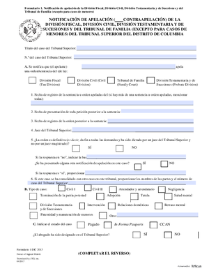 Thumbnail of District of Columbia Form General Forms (Lit) - Notice Of Appeal (Es)