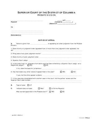 Thumbnail of District of Columbia Form General Forms (Lit) - Notice Of Appeal