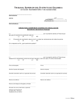 Thumbnail of District of Columbia Form General Forms (Lit) - Praecipe To Accompany Settlement Agreement (Es)
