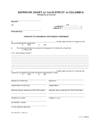 Thumbnail of District of Columbia Form General Forms (Lit) - Praecipe To Accompany Settlement Agreement