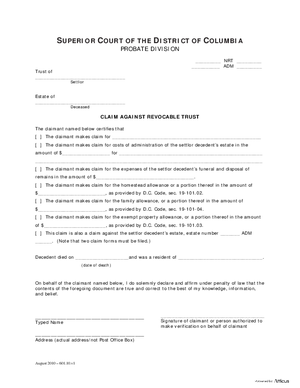 Thumbnail of District of Columbia Form General Forms (Nrt) - Claim Against Revocable Trust