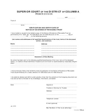 Thumbnail of District of Columbia Form General Forms (Nrt) - Verification And Certificate Of Notice Of Existence Of Revocable Trust
