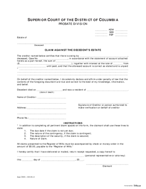 Thumbnail of District of Columbia Form General Forms (Seb) - Claim Against Decedent’s Estate