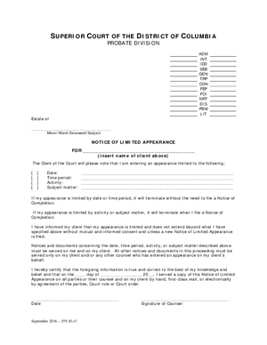 Thumbnail of District of Columbia Form General Forms (Trp) - Notice Of Limited Appearance And Notice Of Completion Terminating Limited Appearance By Counsel