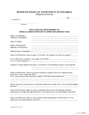 Thumbnail of District of Columbia Form General Forms (Wil) - Petition For Appointment Of Special Administrator To Enter Safe Deposit Box And Order (Legal)