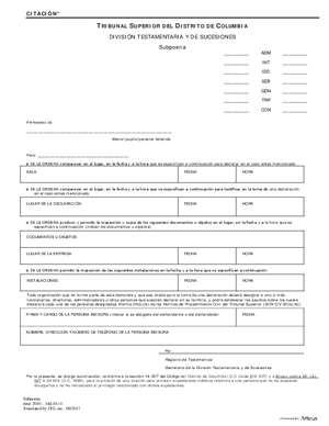 Thumbnail of District of Columbia Form Initial Hearing (Int) - Subpoena (Es)