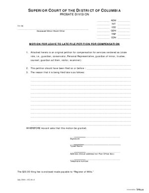 Thumbnail of District of Columbia Form Motion For Leave To Late File Petition For Compensation