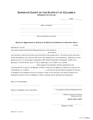 Thumbnail of District of Columbia Form Notice Of Appointment, Notice To Creditors And Notice To Unknown Heirs