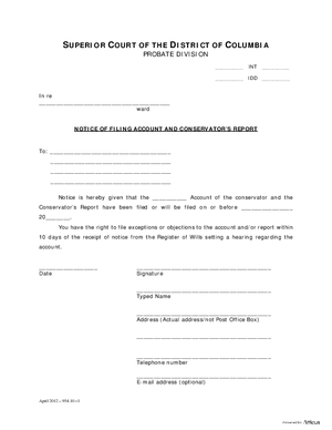 Thumbnail of District of Columbia Form Notice Of Filing Account And Conservator’s Report