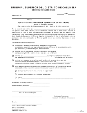 Thumbnail of District of Columbia Form Notice Of Standard Probate (Es)
